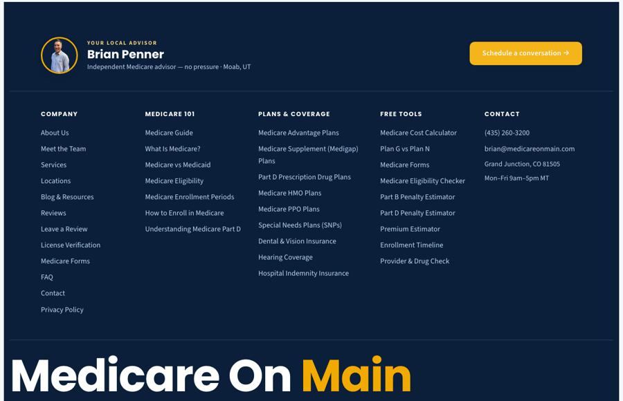 Compliance-grade site footer — full sitemap, free tools, license and NPN, TPMO disclaimer