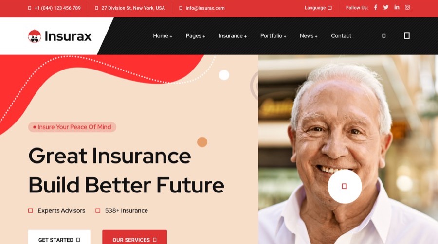 Insurax template — bold modern agency site with energetic red accents