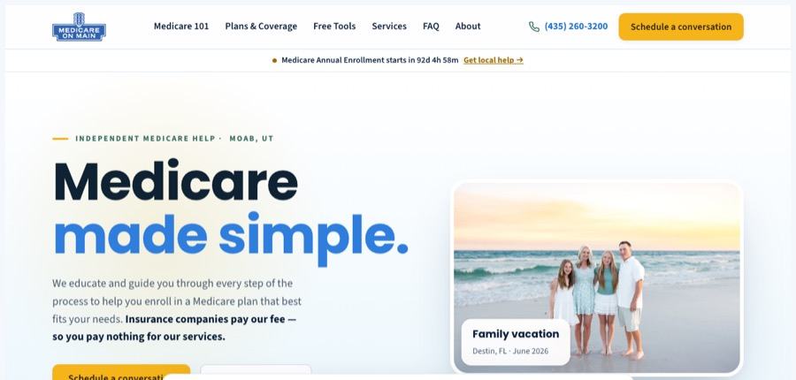 Main Street template — bright blue and gold agency site (live on medicareonmain.com)